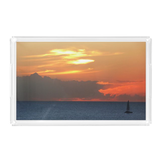 Sunset Clouds and Sailboat Seascape Acrylic Tray (Front)