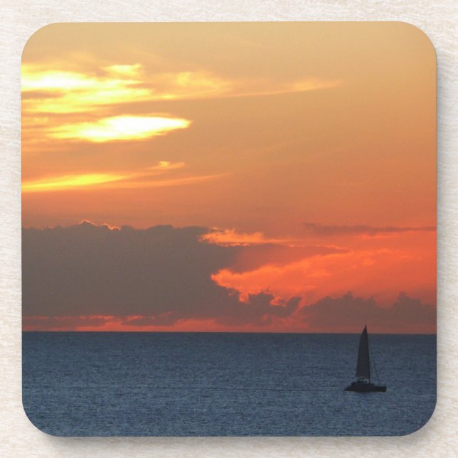 Sunset Clouds and Sailboat Seascape Beverage Coaster (Front)