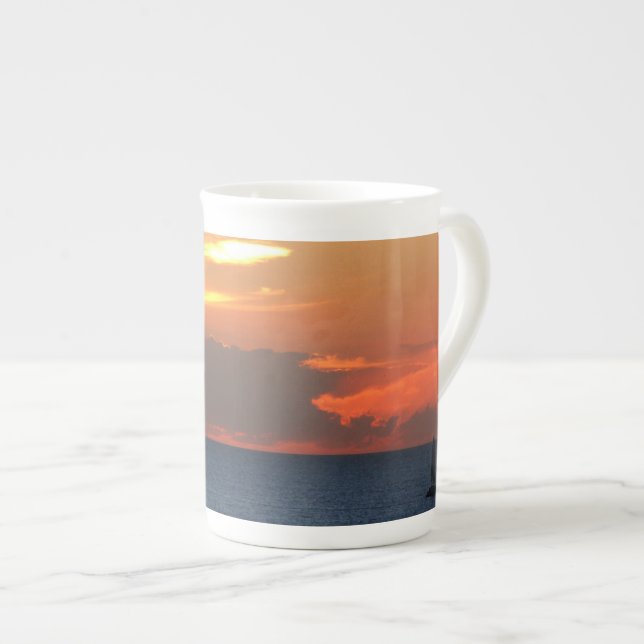 Sunset Clouds and Sailboat Seascape Bone China Mug (Front Right)