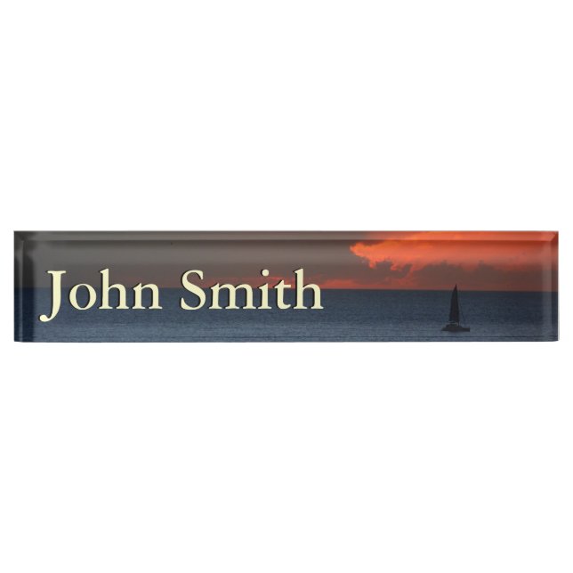 Sunset Clouds and Sailboat Seascape Desk Name Plate (Front)