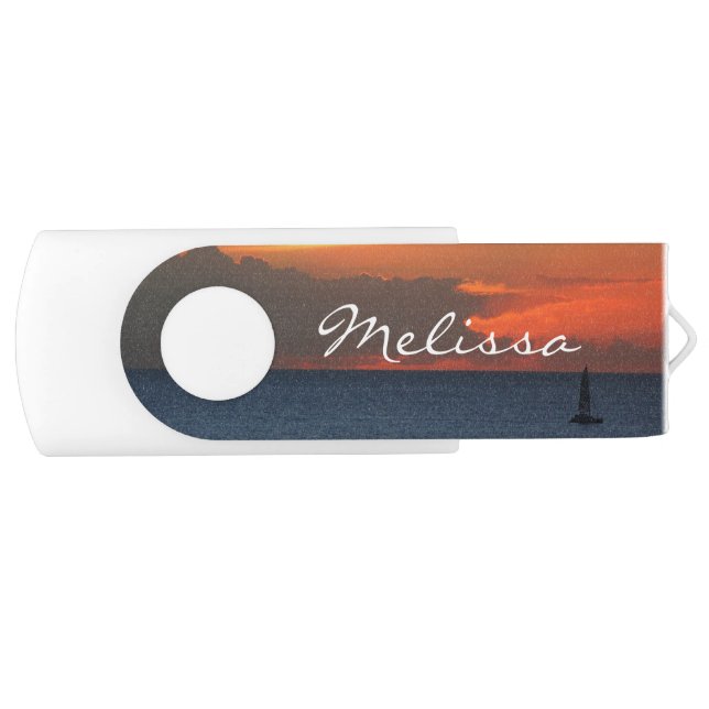Sunset Clouds and Sailboat Seascape Flash Drive (Front)