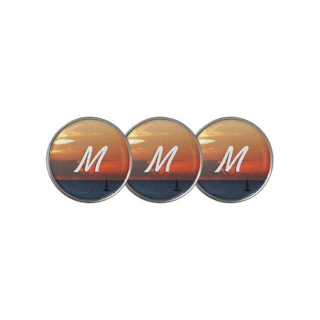 Sunset Clouds and Sailboat Seascape Golf Ball Marker (3 Up)