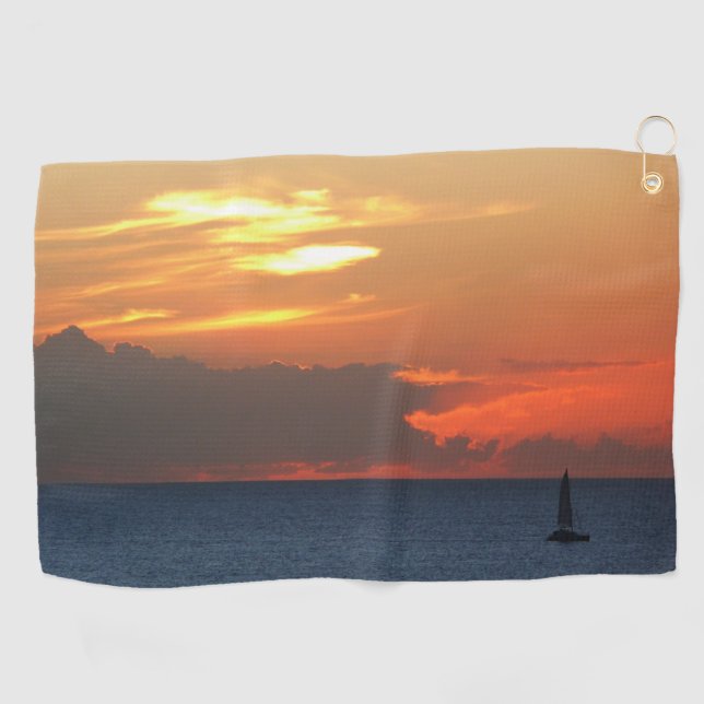 Sunset Clouds and Sailboat Seascape Golf Towel (Horizontal)