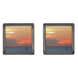 Sunset Clouds and Sailboat Seascape Gunmetal Finish Cufflinks