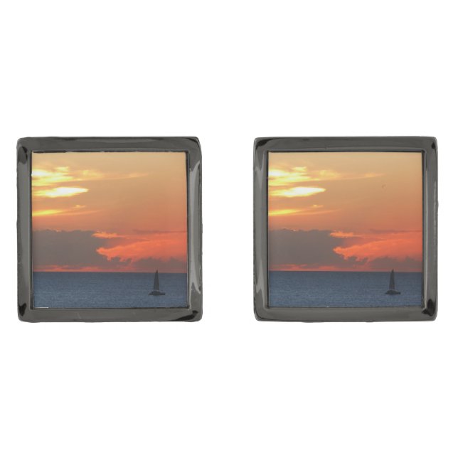 Sunset Clouds and Sailboat Seascape Gunmetal Finish Cufflinks (Front)