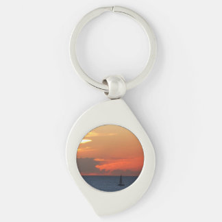 Sunset Clouds and Sailboat Seascape Keychain