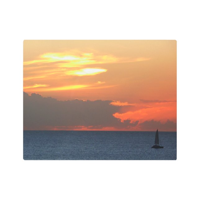 Sunset Clouds and Sailboat Seascape Metal Print (Front)