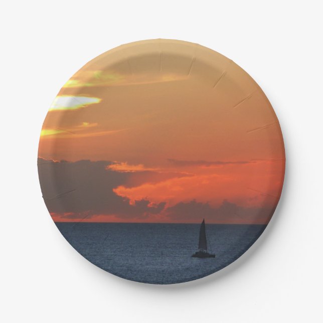 Sunset Clouds and Sailboat Seascape Paper Plates (Front)