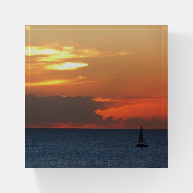 Sunset Clouds and Sailboat Seascape Paperweight (Front)