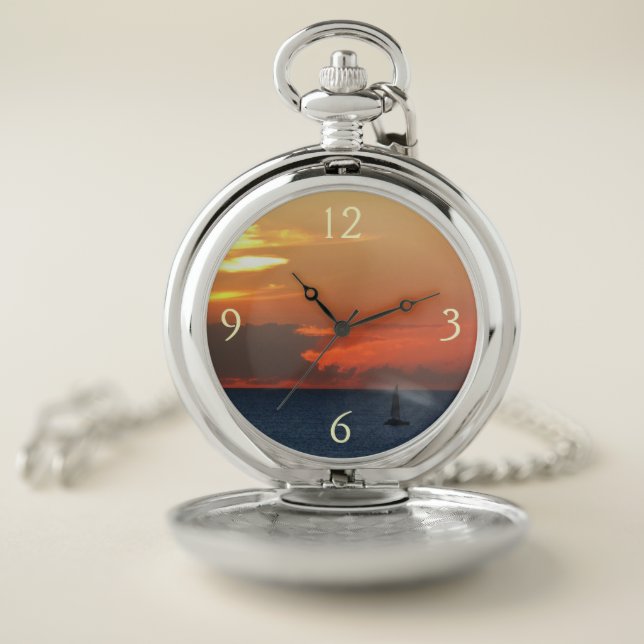 Sunset Clouds and Sailboat Seascape Pocket Watch (Inside)