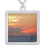 Sunset Clouds and Sailboat Seascape Silver Plated Necklace