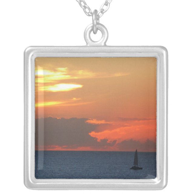 Sunset Clouds and Sailboat Seascape Silver Plated Necklace (Front)