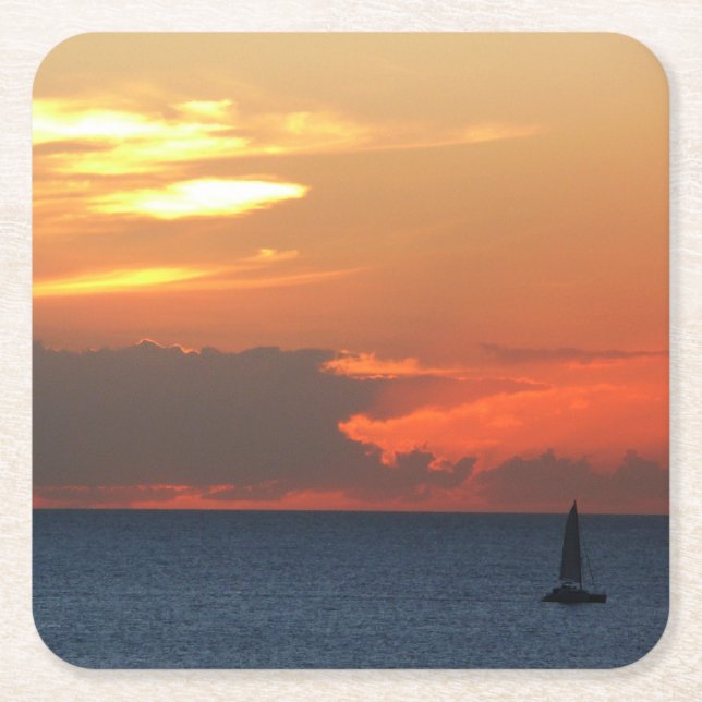 Sunset Clouds and Sailboat Seascape Square Paper Coaster (Front)