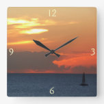 Sunset Clouds and Sailboat Seascape Square Wall Clock