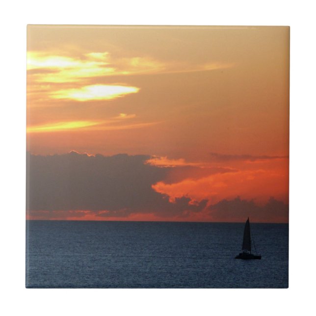 Sunset Clouds and Sailboat Seascape Tile (Front)