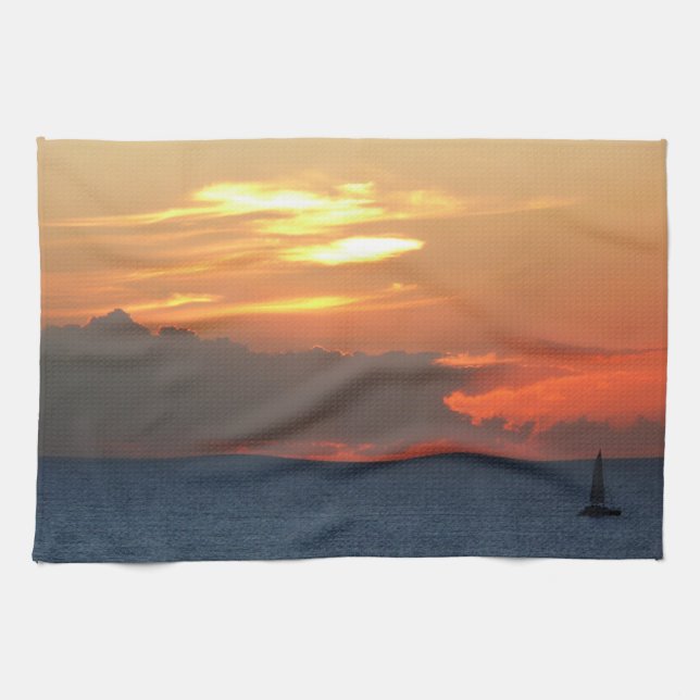 Sunset Clouds and Sailboat Seascape Towel (Horizontal)