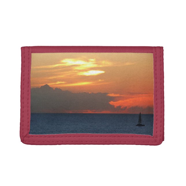 Sunset Clouds and Sailboat Seascape Trifold Wallet (Front)