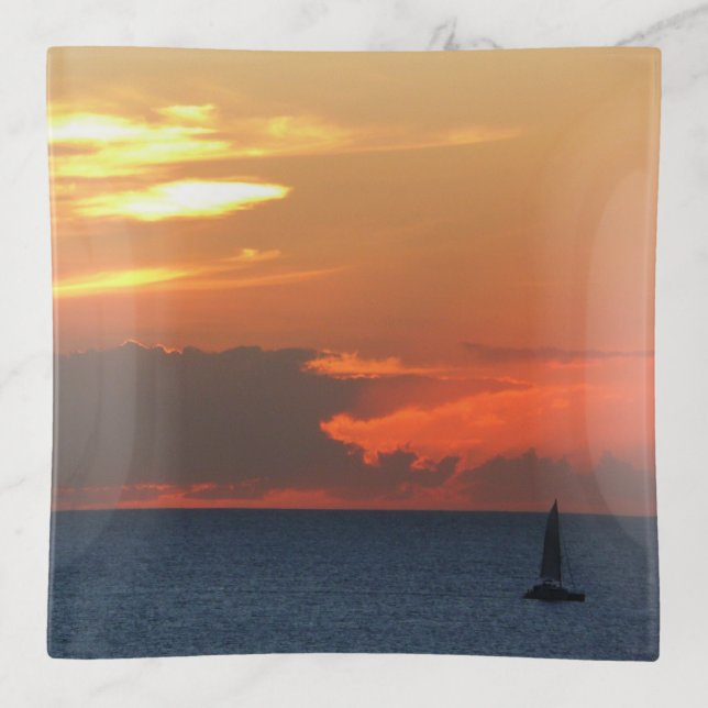 Sunset Clouds and Sailboat Seascape Trinket Tray (Front)