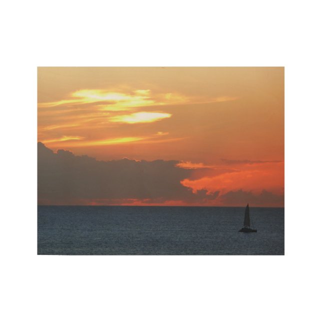 Sunset Clouds and Sailboat Seascape Wood Poster (Front)