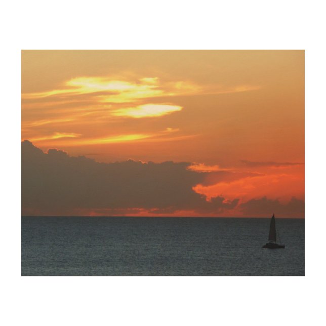 Sunset Clouds and Sailboat Seascape Wood Wall Art (Front)