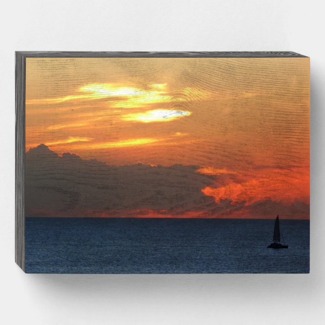Sunset Clouds and Sailboat Seascape Wooden Box Sign (Front Horizontal)