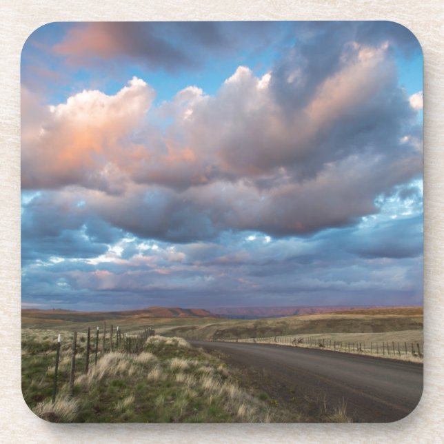 Sunset Clouds Over Gravel Zumwalt Prairie Road Beverage Coaster (Front)