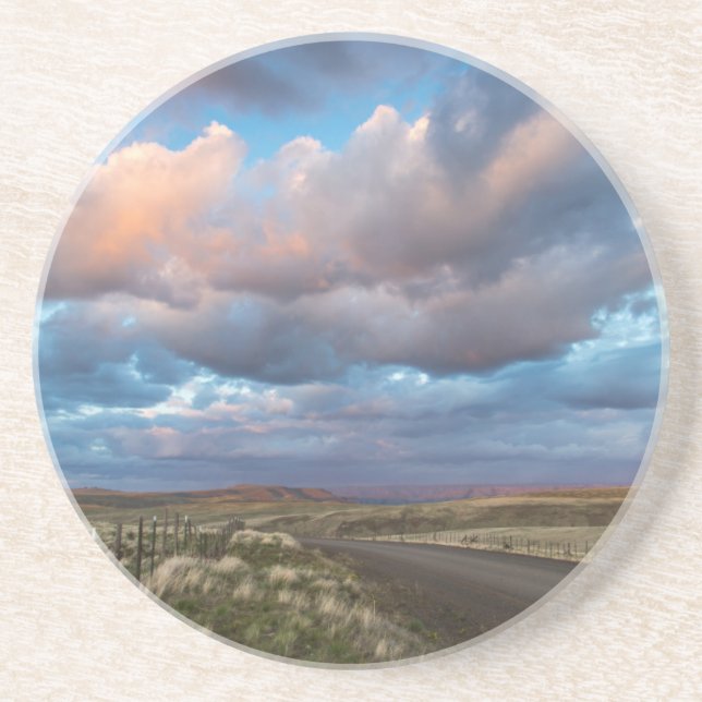 Sunset Clouds Over Gravel Zumwalt Prairie Road Sandstone Coaster (Front)