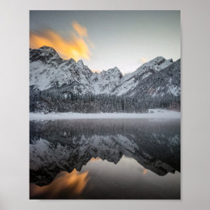 Sunset clouds over mountains at Lake Fusine, Italy Poster
