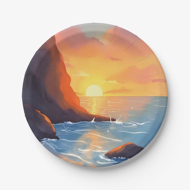 Sunset Coast | Beach Ocean Waves Paper Plates (Front)