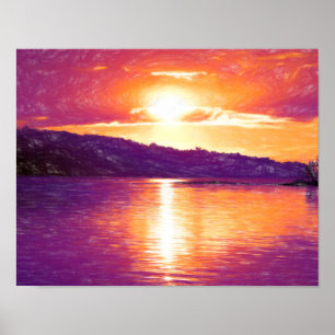 Sunset Coastal Beach Orange Purple Art Poster