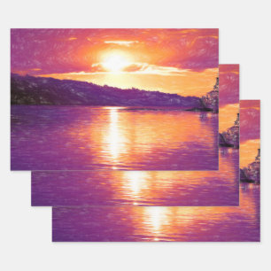 Sunset Coastal Beach Orange Purple Decoupage Wrapping Paper Sheets
