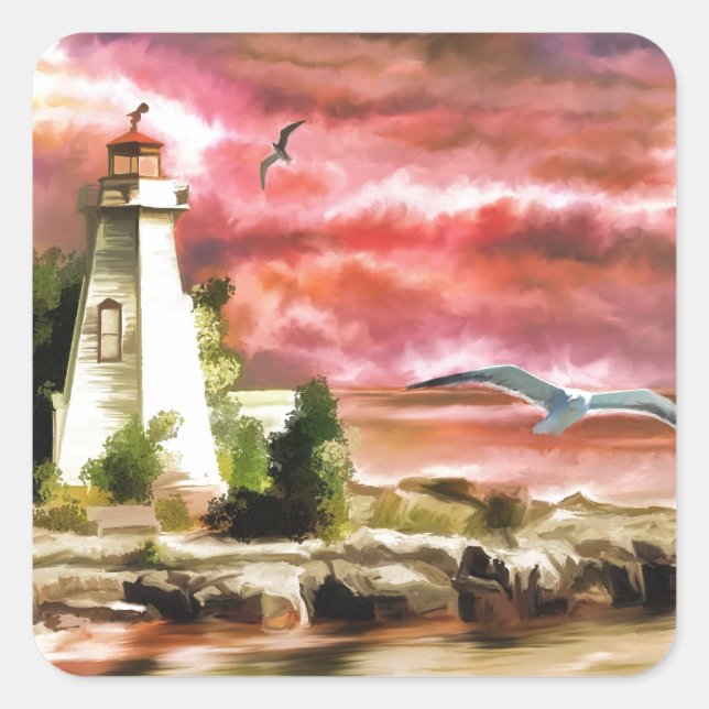 Sunset Coastal Lighthouse Square Sticker (Front)