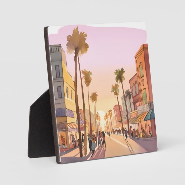 Sunset Coastal Town | Palm Tree Coastal Watercolor Plaque (Front)