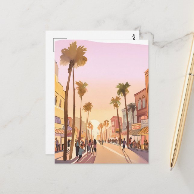 Sunset Coastal Town | Palm Tree Coastal Watercolor Postcard (Front/Back In Situ)