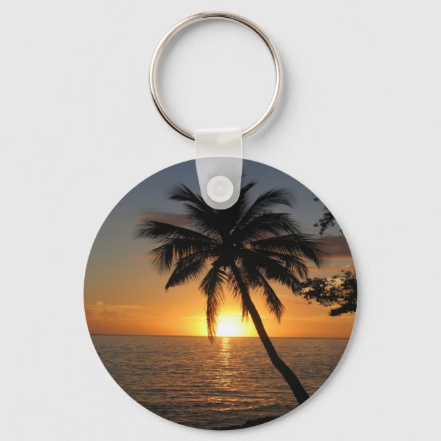 Sunset coconut palm tree Fiji peace and joy Keychain (Front)