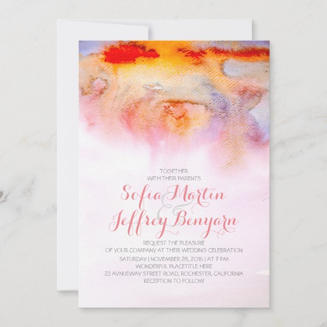 Sunset colors watercolor wedding invitation (Front)
