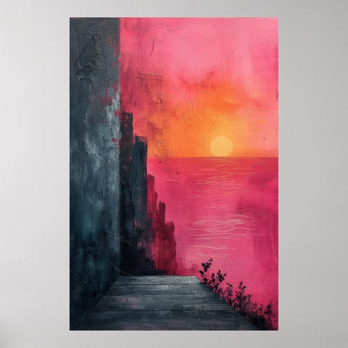 Sunset Contrast Textured Cliffside Oil Painting Poster