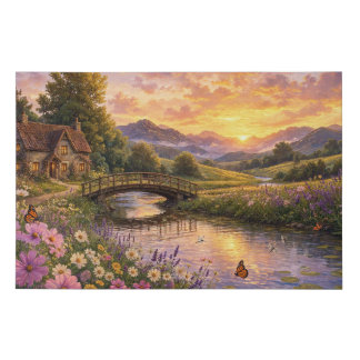 Sunset Cottage Bridge Landscape Art Faux Canvas Print