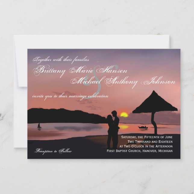 Sunset Couple Silhouette Lake Wedding Invitation (Front)