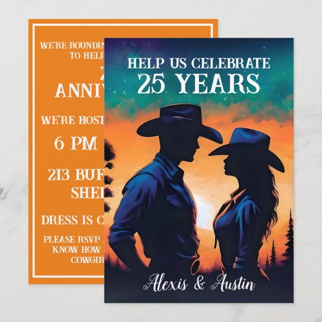 Sunset Cowboy and Cowgirl 25th Anniversary  Invitation (Front/Back)