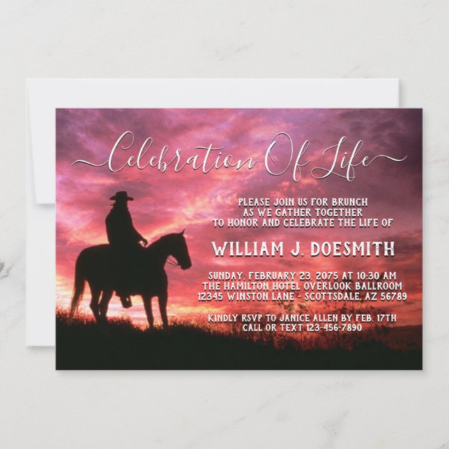 Sunset Cowboy Horse Funeral Memorial Service Invitation (Front)