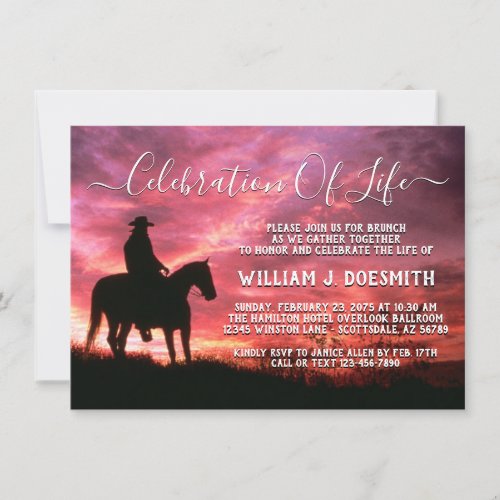 Sunset Cowboy Horse Memorial Funeral Service Invitation