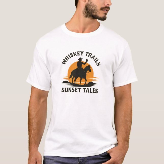 Sunset Cowboy Whiskey Trails Design T-Shirt (Front)