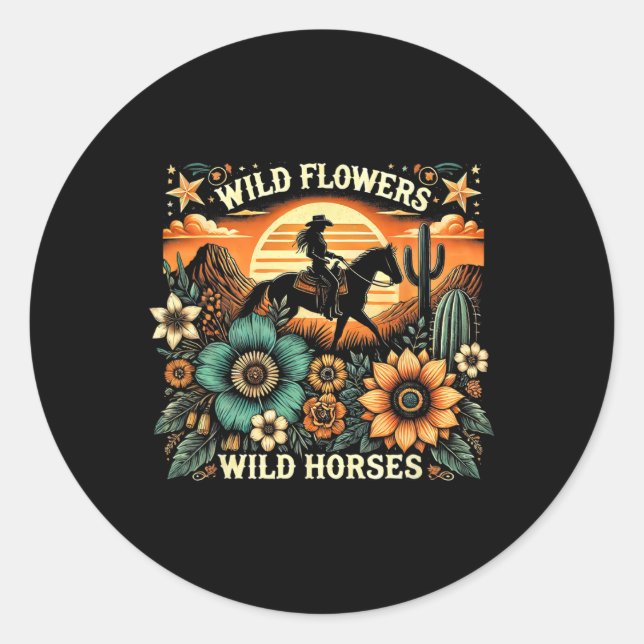 Sunset Cowgirl Riding Horse Wild Flowers - Wild Ho Classic Round Sticker (Front)