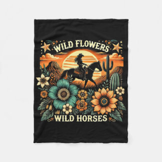 Sunset Cowgirl Riding Horse Wild Flowers - Wild Ho Fleece Blanket