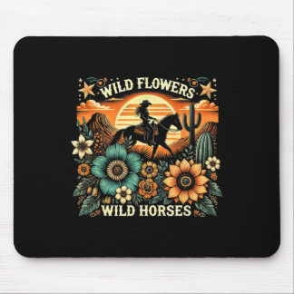 Sunset Cowgirl Riding Horse Wild Flowers - Wild Ho Mouse Pad