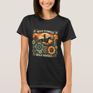 Sunset Cowgirl Riding Horse Wild Flowers - Wild Ho T-Shirt