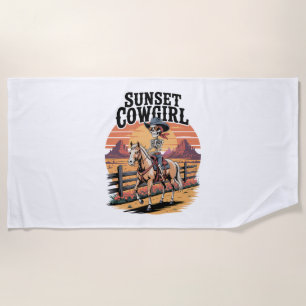 Sunset Cowgirl Skeleton Riding Horse Beach Towel