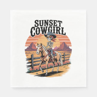Sunset Cowgirl Skeleton Riding Horse Napkins