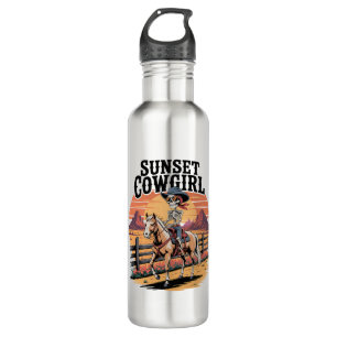 Sunset Cowgirl Skeleton Riding Horse Stainless Steel Water Bottle